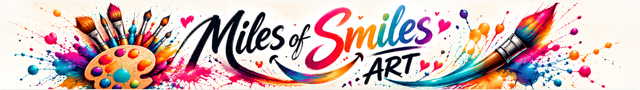 Miles of Smiles Art approved banner: rainbow lettering, an artist’s palette and colourful paintbrushes.