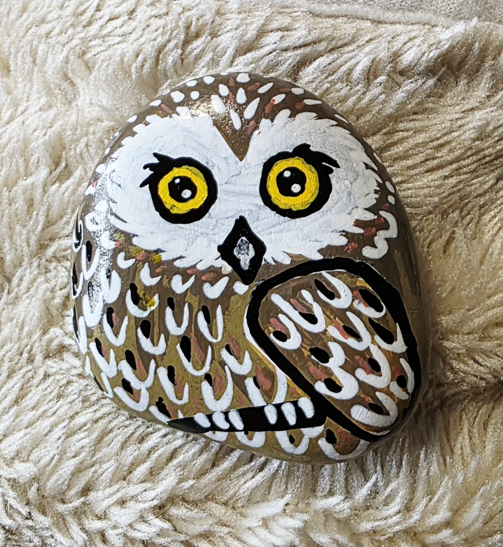 A small painted owl with yellow eyes and detailed feathers.