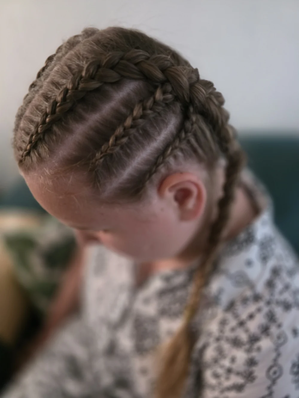 Braided hair with neat diagonal partings, viewed from above.