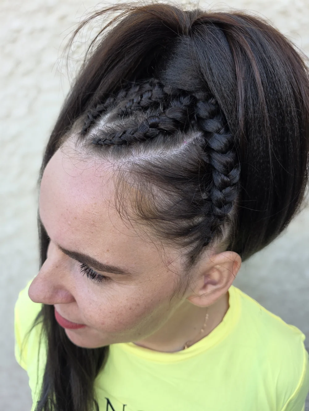 Dark braided hair swept up into a high ponytail.